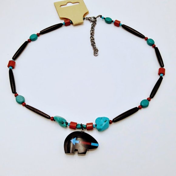 ZUNI BEAR &TURQUOISE*NECKLACE/CHOKER*MEN/UNISEX*TRIBAL/NATIVE*HAND CRAFTED - Picture 3 of 5